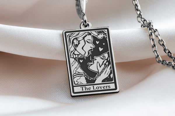 14 K Solid Gold Lovers Tarot Card Charm Necklace, Femme pride, Pride jewel, Femme love charm, WLW pendant, Queer Charm Necklace Gift for her