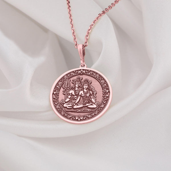 Rose Gold Plated Shiva Parvati Necklace, Meditation Couple Pendant. Soul Connection Jewelry for yogis and spiritual seekers, celebrating unity, love, and inner peace in a beautiful Hindu-inspired amulet.
