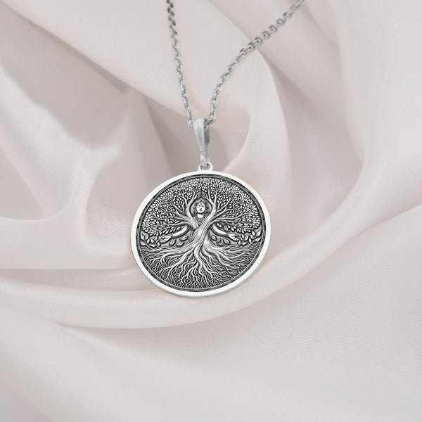 925 Sterling Silver Tree of Life pendant necklace, designed with a celestial Mother Earth motif. A perfect silver sacred feminine charm, symbolizing renewal, fertility, and strength.
