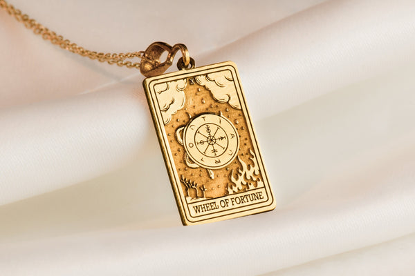 14K Solid Gold Wheel of Fortune Tarot Charm Necklace, Silver Wheel of Fortune Tarot Card Pendant, Triple Chain Tarot Charm Necklace