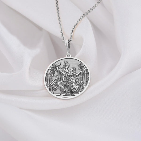 Krishna Radha Dancing Silver Pendant, Divine Love Silver Medallion, Radha Krishna Temple Silver Jewelry, Indian Deity Jewelry Silver Pendant, Sacred Couple Silver Necklace, Hindu Mythology Pendant, Krishna Radha Round Silver Pendant.
