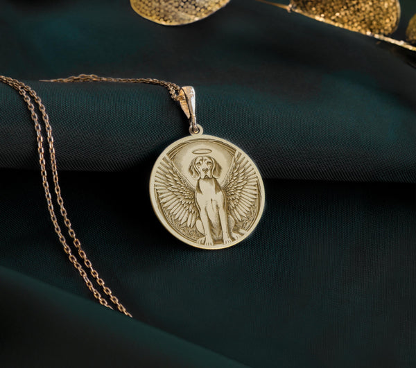 14K Gold Plated Beagle Angel Dog Medallion with memorial symbolism. Detailed hound breed angel pendant with wings, halo and radiant elements. Elegant rainbow bridge jewelry gift representing eternal bond with departed beloved Beagle companion.