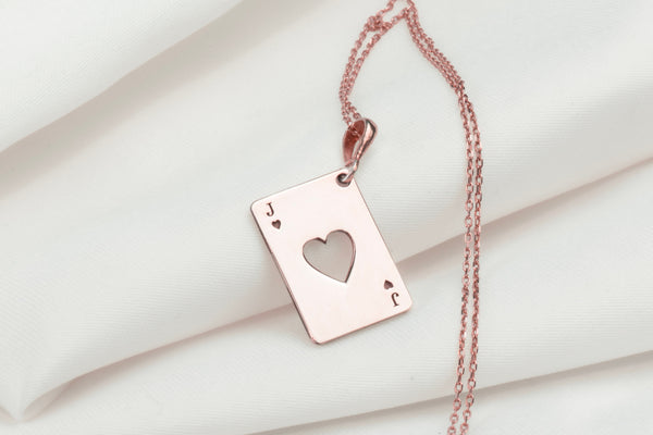 jack of hearts solitare rose gold charm necklace, rectangle solitare pendant necklace