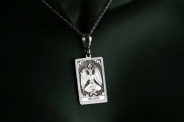 14K Solid Gold The Devil Tarot Necklace, Silver Devil Tarot Pendant, Minimalist TarotNecklace, Dainty Tarot Charm Necklaces Rose plated