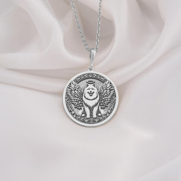 925 Sterling Silver Samoyed Angel Dog Medallion showcasing beloved arctic breed with angel wings and heavenly halo. Detailed memorial coin pendant with fluffy white coat and characteristic smile. Premium Samoyed loss jewelry symbolizing eternal love.