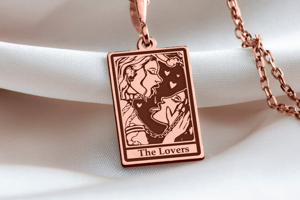 14 K Solid Gold Lovers Tarot Card Charm Necklace, Femme pride, Pride jewel, Femme love charm, WLW pendant, Queer Charm Necklace Gift for her