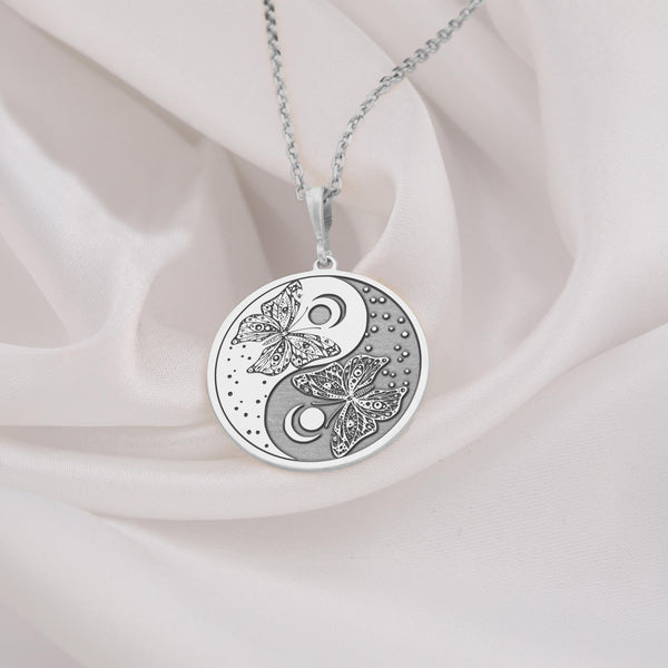 925 Sterling Silver Butterfly Yin Yang Medallion showcasing delicate insects within balance symbol. Detailed spiritual coin pendant with celestial elements. Premium harmony jewelry symbolizing transformation, balance and evolutionary journey.