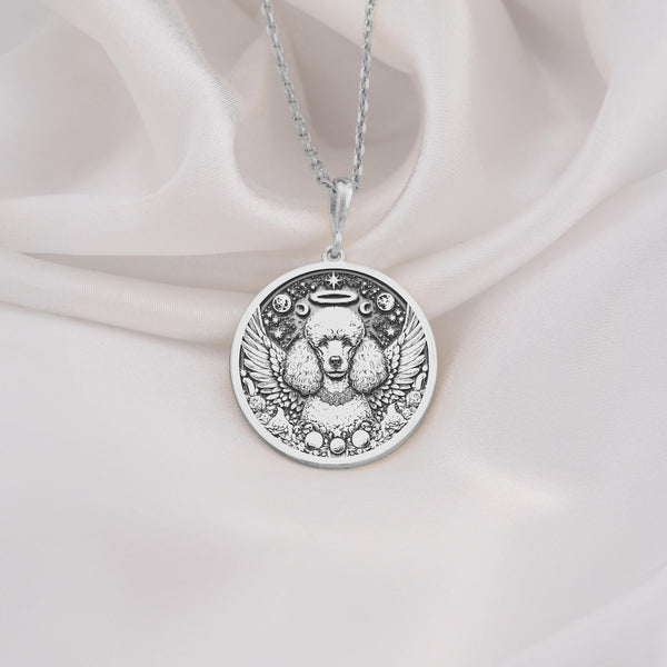 925 Sterling Silver Poodle Angel Dog Medallion showcasing beloved elegant breed with angel wings and heavenly halo. Detailed memorial coin pendant with curly coat and celestial stars. Premium Poodle loss jewelry symbolizing eternal love.