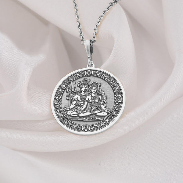 Sterling Silver Shiva Parvati Necklace, Sacred Couple Pendant for spiritual harmony. Ideal for yogis, this Hindu Deity Meditation Jewelry represents love and unity, perfect for meditation-focused couples.