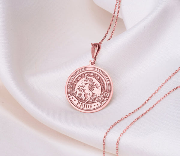 14K Solid Gold Pride Pendant, Pride Charm Necklace, Silver Unicorn Charm Pendant, Personalized Unicorn Necklace, Enchanted Unicorn Necklace