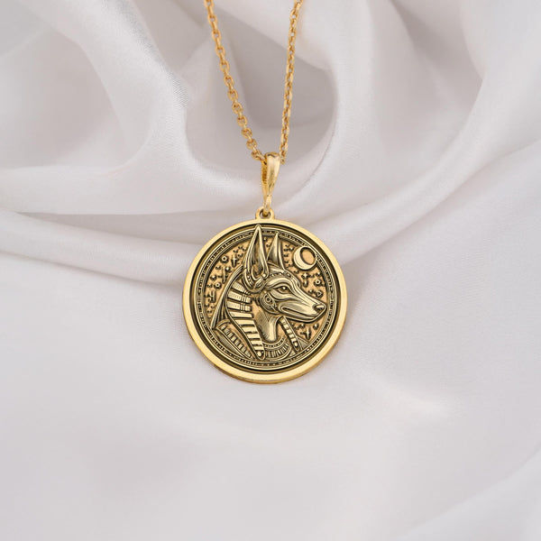 14K Gold Anubis Necklace featuring the ancient Egyptian god Anubis. Elegant and symbolic pendant jewelry, perfect for men and women. A timeless mythology-inspired accessory crafted in solid gold for everyday wear or gifting.
