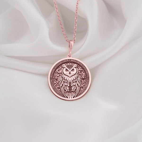 Rose Gold Plated Owl Medallion Pendant featuring detailed wisdom bird. Elegant feminine jewelry with intricate feather details. Warm-toned spiritual owl talisman necklace, perfect meaningful gift for protection.