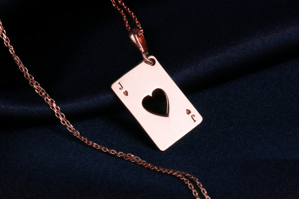 jack of hearts solitare rose gold charm necklace, rectangle solitare pendant necklace