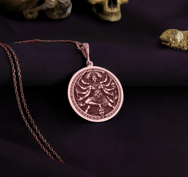 "Rose gold Kali Maa necklace featuring a handcrafted Hindu goddess pendant for spiritual protection, perfect as a devotional gift and daily wear."