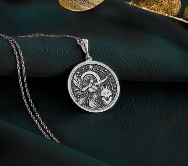 Sterling silver Greek goddess Artemis necklace, featuring a detailed moon and wolf engraving. This mythology coin pendant is a powerful huntress charm, symbolizing protection, making it a unique silver astrology necklace for spiritual seekers.