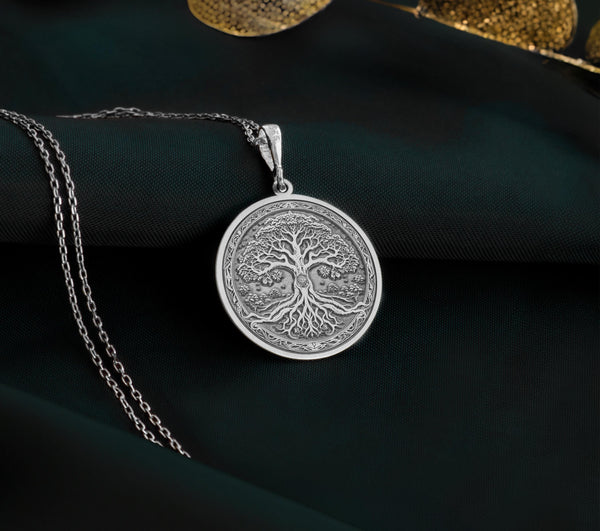 Silver Tree of Life Pendant, Silver Yggdrasil Necklace, Silver Bodhi Tree Jewelry, Silver Tree of Knowledge Charm, Silver Kalpavriksha Pendant, Silver Spiritual Necklace, Silver Cosmic Tree Jewelry, Silver Symbolic Growth Charm, Silver Nature Pendant
