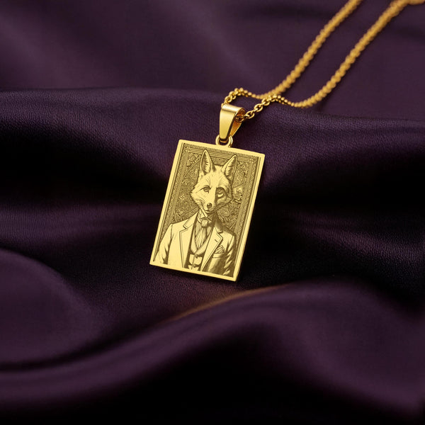 A personalized 14K gold plated fox portrait pendant in a tarot card style. This dark academia jewelry features a sly woodland creature, a perfect gift for a book lover.