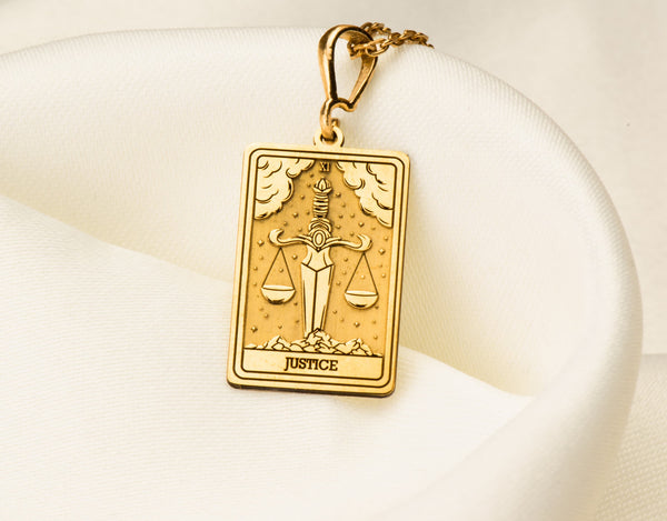 14K Solid Gold Justice Charm Necklace, Dainty Silver Triple Chain Tarot Card Necklace, Justice Rose Gold Tarot Charm Pendant Gift for Her