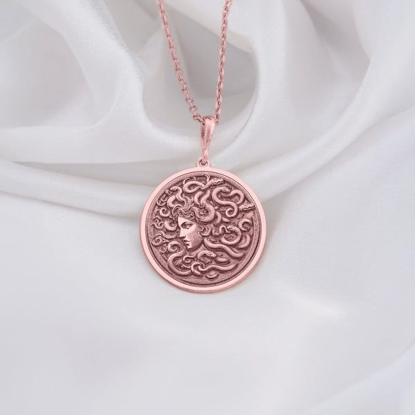 14K Rose Gold Plated Medusa Pendant Necklace – A captivating Medusa charm inspired by Greek mythology, symbolizing transformation and strength. Perfect for those who appreciate unique
