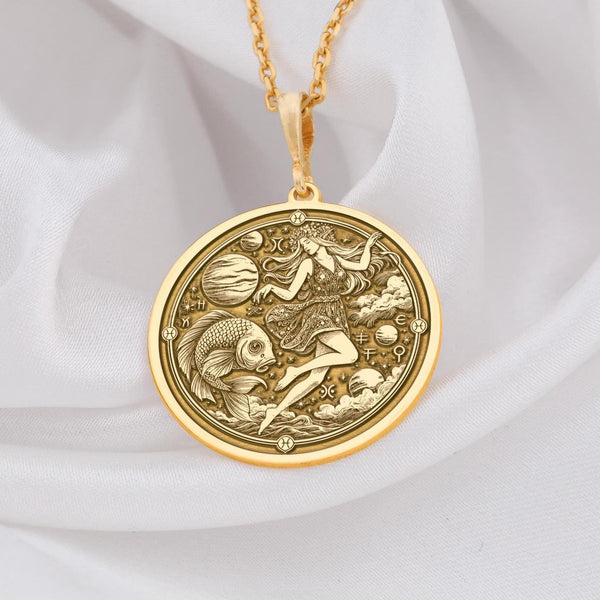 Elegant 14k Gold Pisces Pendant for Women,Astrological Jewelry with Delicate Fish Symbol, round pisces zodiac pendant necklace, gift for her,