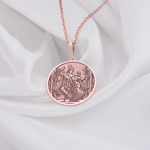 Krishna Radha Dancing Rose Gold Plated Pendant, Divine Love Rose Gold Plated Medallion, Radha Krishna Rose Gold Plated Jewelry, Sacred Couple Rose Gold Plated Necklace, Hindu Mythology Pendant, Krishna Radha Round Rose Gold Plated Pendant.