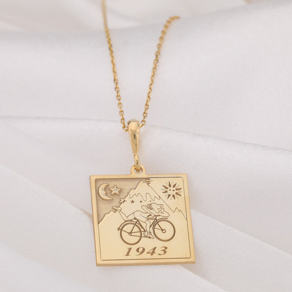gold Albert HoffmannBicycle Ride Necklace | 14K Solid Gold LSD Charm Jewelry | Trippy Hippie Necklace | Unique Molecule Pendant