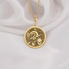 Artemis goddess pendant in 14K solid gold, engraved with a detailed moon and wolf design. This Greek mythology necklace symbolizes feminine strength, protection, and wisdom, making it a perfect celestial talisman for astrology and mythology lovers.