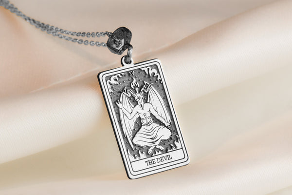 14K Solid Gold The Devil Tarot Necklace, Silver Devil Tarot Pendant, Minimalist TarotNecklace, Dainty Tarot Charm Necklaces Rose plated