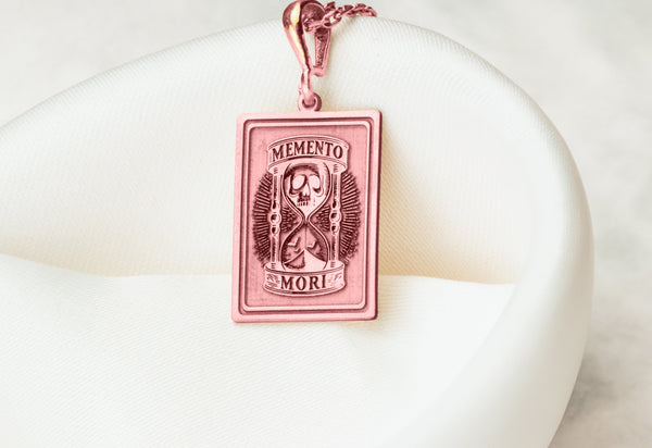 14K Solid Gold Memento Mori Hourglass Charm Necklace, Memento Mori hourglass Medallion, Silver Memento Mori Rose Gold Charm Locked Pendant