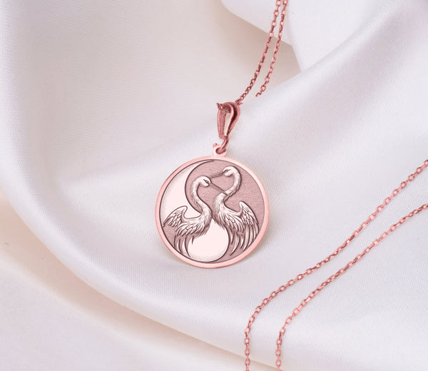 14K Solid Gold Crane Charm Necklace, Yin Yang Duality Pendant, Silver Yin Yang Crane Necklace, Rose Gold Crane Charm, Dainty Crane Necklace