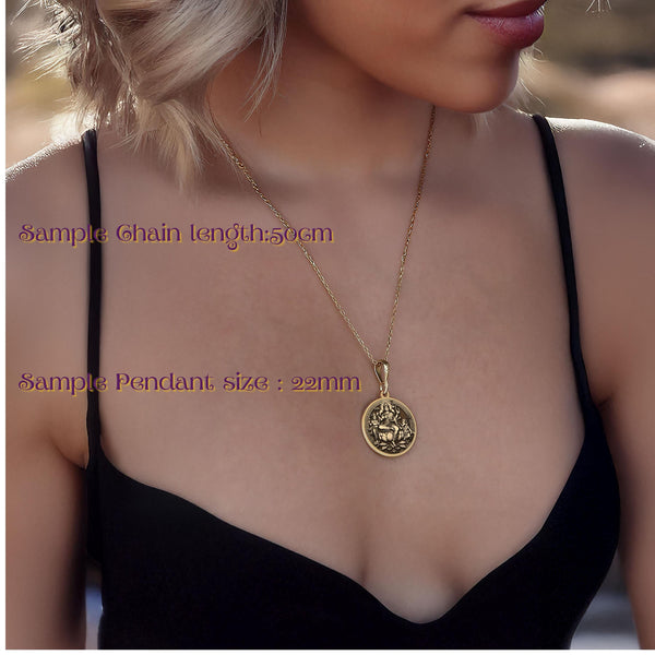 14K Solid Gold Parvati charm Kartikeya & Ganesha Locket, symbolizing divine protection, wisdom, and strength. This Hindu goddess locket honors Parvati as the mother of Kartikeya and Ganesha, making it a sacred spiritual talisman for devotion and blessings.