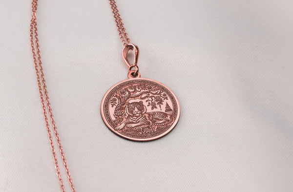 Rose Gold Asian Tiger Pendant, Rose Gold Tiger Medallion, Tiger Round Pendant, Tiger Rose Gold Necklace, Tiger Chain, Rose Gold Disc Tiger Pendant, Rose Gold Tiger Pendant, Rose Gold Tiger Chain, Tiger Rose Gold Jewelry, Tiger coin gift.