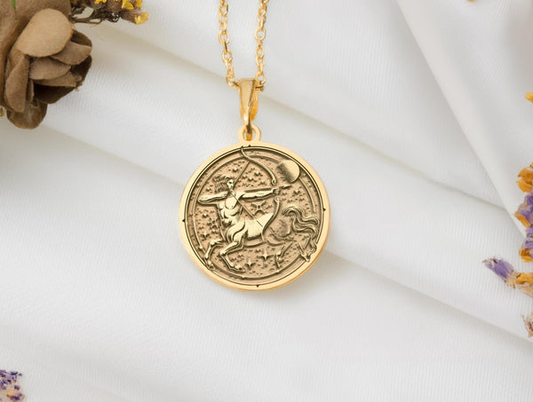 Real gold Sagittarius zodiac Pendant Necklace, Sagittarius Gold for men, sagittarius round pendant, sagittarius coin pendant for men, Sagittarius charm gift