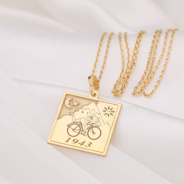 gold Albert HoffmannBicycle Ride Necklace | 14K Solid Gold LSD Charm Jewelry | Trippy Hippie Necklace | Unique Molecule Pendant
