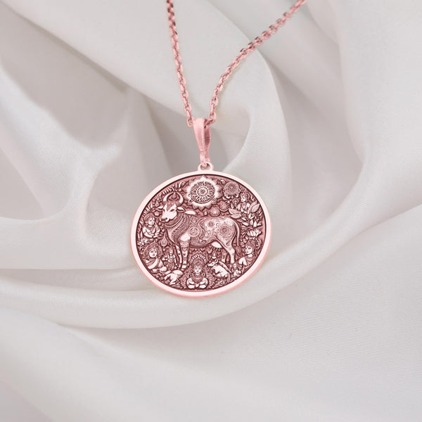 Kamadhenu surabhi rose gold necklace, Hindu wish-fulfilling cow pendant, Divine Kamadhenu jewelry, bovine-goddess cow mother pendant, Prosperity cow rose gold pendant, Sacred Kamadhenu amulet, Kamadhenu charm necklace, Mythical cow rose gold jewelry.