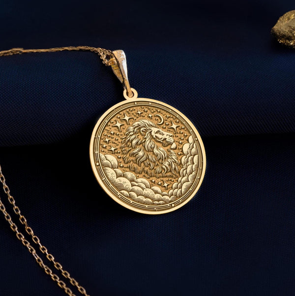 Gold Leo Zodiac coin pendant, Real gold leo disc pendant, Lion Gold Pendant, Lion gold necklace