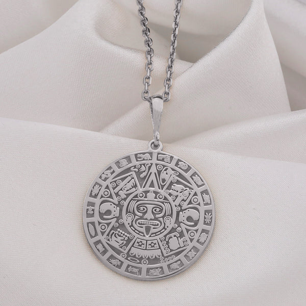 14K Solid Gold Aztec Calendar Pendant, Mayan Gold Jewelry, Perpetual Calendar Necklace, Aztec Calendar Coin Charm , Silver Mayan Necklace