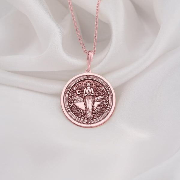 Rose Gold Plated Hestia Goddess Necklace inspired by Greek mythology. A symbolic and elegant gift for women, perfect for anniversaries, birthdays, or as a spiritual jewelry piece celebrating family and home.