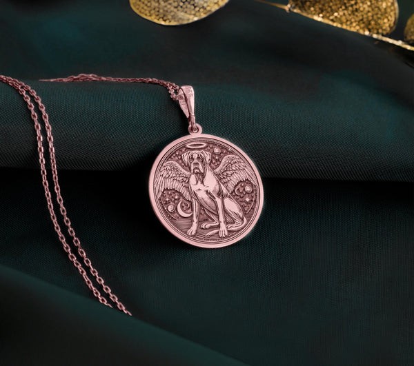 Rose Gold Plated Boxer Angel Pendant with memorial design. Warm-toned working dog breed medallion with detailed wings, halo and distinctive features. Rainbow bridge jewelry celebrating eternal love and connection, perfect for grieving dog parents.