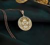 14K Gold Plated Poodle Angel Dog Medallion with memorial symbolism. Detailed elegant breed angel pendant with wings, halo and celestial elements. Beautiful rainbow bridge jewelry gift representing eternal bond with departed beloved Poodle companion.