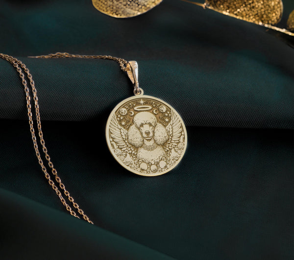 14K Gold Plated Poodle Angel Dog Medallion with memorial symbolism. Detailed elegant breed angel pendant with wings, halo and celestial elements. Beautiful rainbow bridge jewelry gift representing eternal bond with departed beloved Poodle companion.