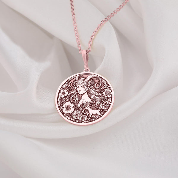 Rose Gold Plated Capricorn Necklace – Beautiful zodiac pendant with personalized engraving option. Elegant astrology jewelry for Capricorn women. Perfect January birthday gift, featuring floral celestial charm in rose gold finish.