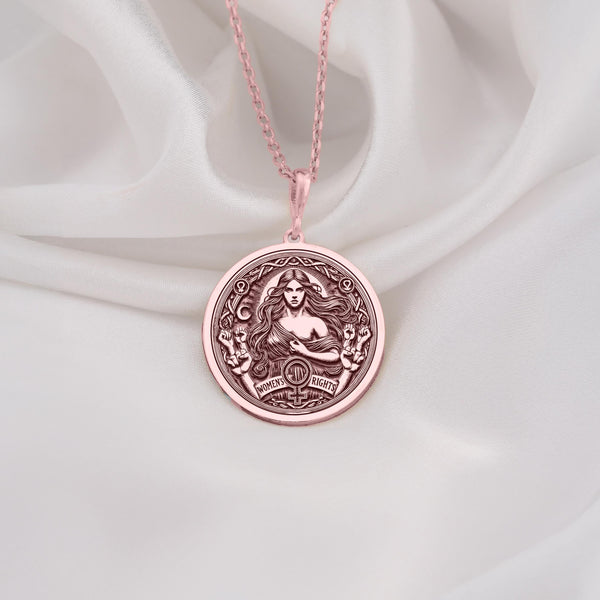 Unique Rose Gold Plated Women’s Rights necklace, featuring a strong female figure surrounded by powerful symbols. A perfect feminist jewelry piece, blending activism and elegance.