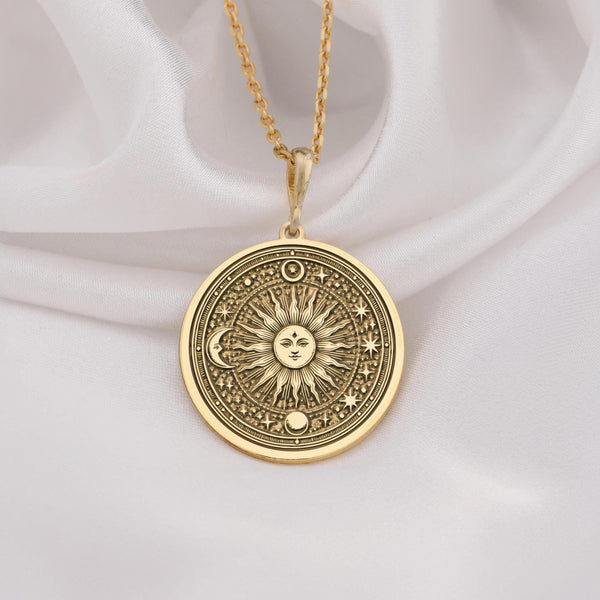 14K Solid Gold Sun Necklace, handcrafted celestial pendant, dainty astrology-inspired jewelry for women, perfect gift for her, boho minimalist charm.