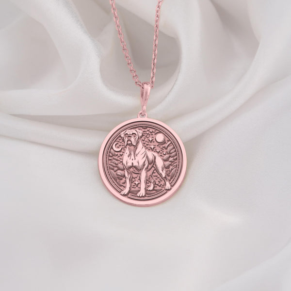 Rose Gold Plated Boxer Dog Medallion featuring noble guardian with moon and natural elements. Elegant pet portrait jewelry with detailed muscular body and distinctive face. Warm-toned working breed talisman, perfect gift for Boxer lovers.