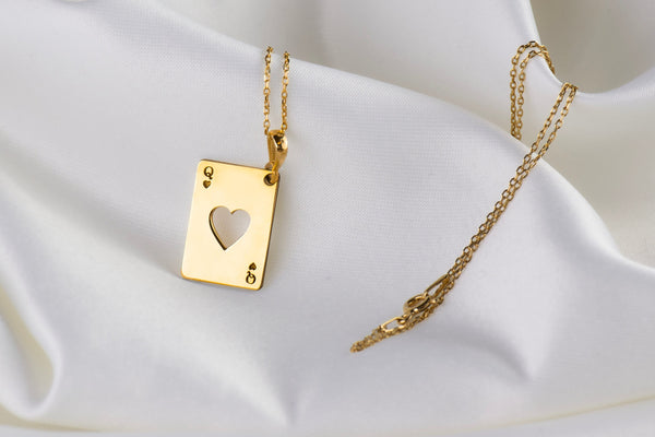 queen of heart gold pendant necklace, gifts for her, gifts for queens, gifts for valentines, real gold playing card charm, queen gold card pendant necklace