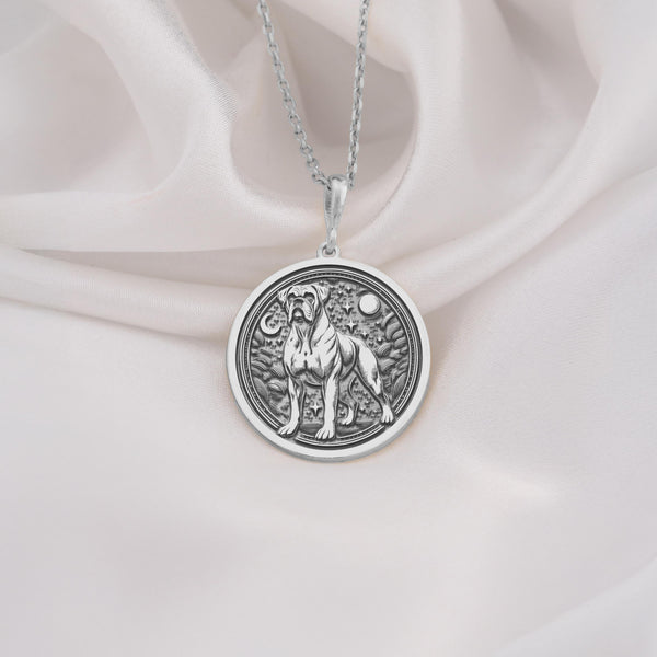 925 Sterling Silver Boxer Dog Medallion showcasing noble guardian with moon and natural background. Detailed working breed coin pendant with distinctive face and powerful stance. Premium pet jewelry symbolizing protection and playful loyalty.