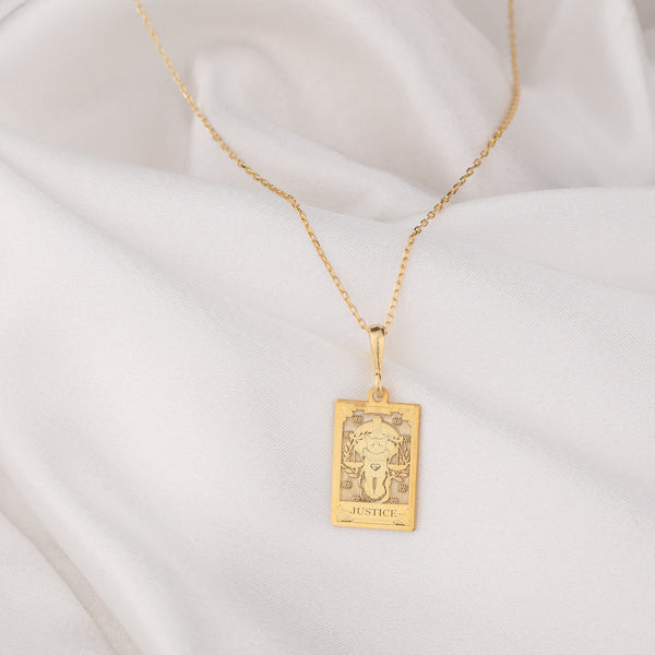14K Solid Gold Justice Tarot Card Necklace, Tarot Reading Rectangle Charm, Dainty Justice Tarot Necklace, Silver Justice Tarot Necklace