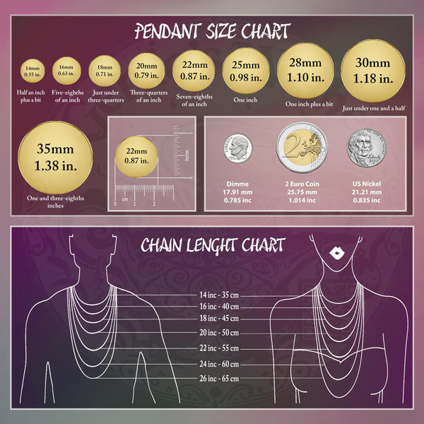 The image is a detailed chart that provides the sizes of various pendants in millimeters, ranging from 14 to 35 cm, and from 1.38 to 1.18 in. The chart also includes a chain length chart that shows the chain lengths in inches, ranging from 14 to 65 cm. The chart provides a visual representation of the sizes and chain lengths of different pendant designs, allowing for easy comparison and understanding of the measurements.
