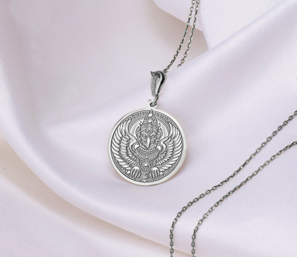 14K Solid Gold Garuda pendant Necklace, Garuda Silver Pendant , Devotee of Vishnu Garuda Pendant, Golden Winged Bird Necklace